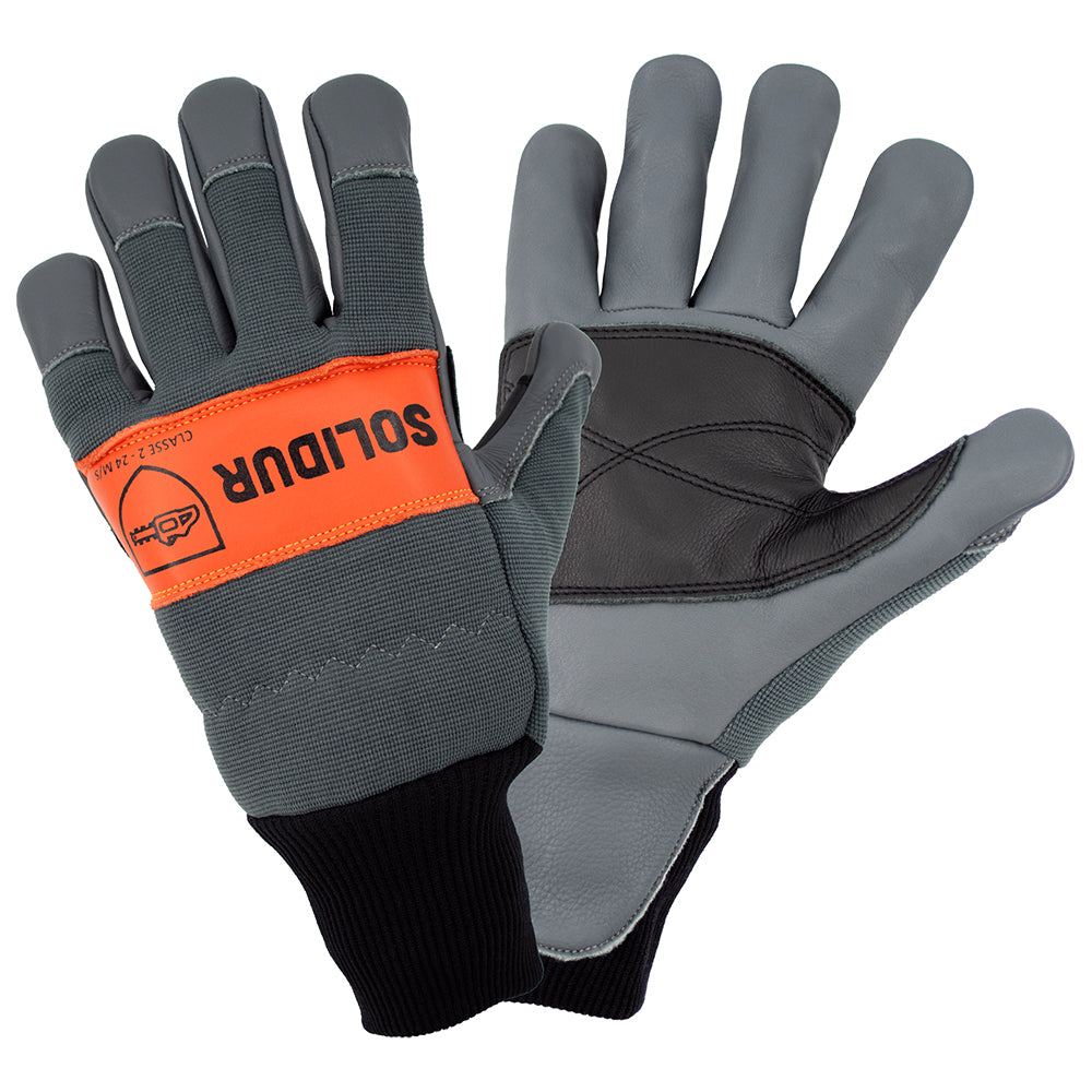 Solidur Class 2 chainsaw gloves with left-hand protection, water-repellent cowhide palm and artery protector. Available at Mower City Albury.