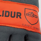 solidur detail of right hand glove Class 2 chainsaw gloves with left-hand protection, water-repellent cowhide palm and artery protector. Available at Mower City Albury.