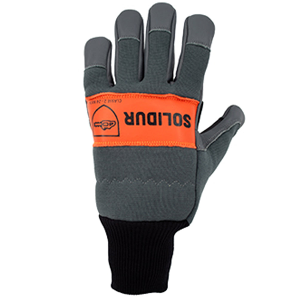 Right hand solidur Class 2 chainsaw gloves with left-hand protection, water-repellent cowhide palm and artery protector. Available at Mower City Albury.