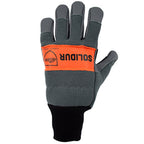Right hand solidur Class 2 chainsaw gloves with left-hand protection, water-repellent cowhide palm and artery protector. Available at Mower City Albury.