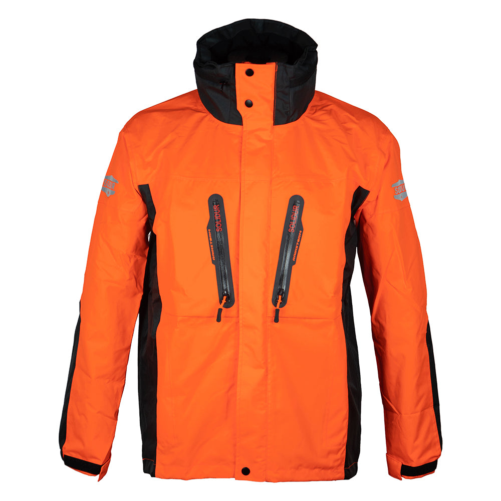 Solidur Waterproof, breathable orange work jacket rated EN 343 Class 3. Hood fits over a helmet, taped seams, 7 pockets. Mower City Albury.