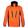 Solidur Waterproof, breathable orange work jacket rated EN 343 Class 3. Hood fits over a helmet, taped seams, 7 pockets. Mower City Albury.