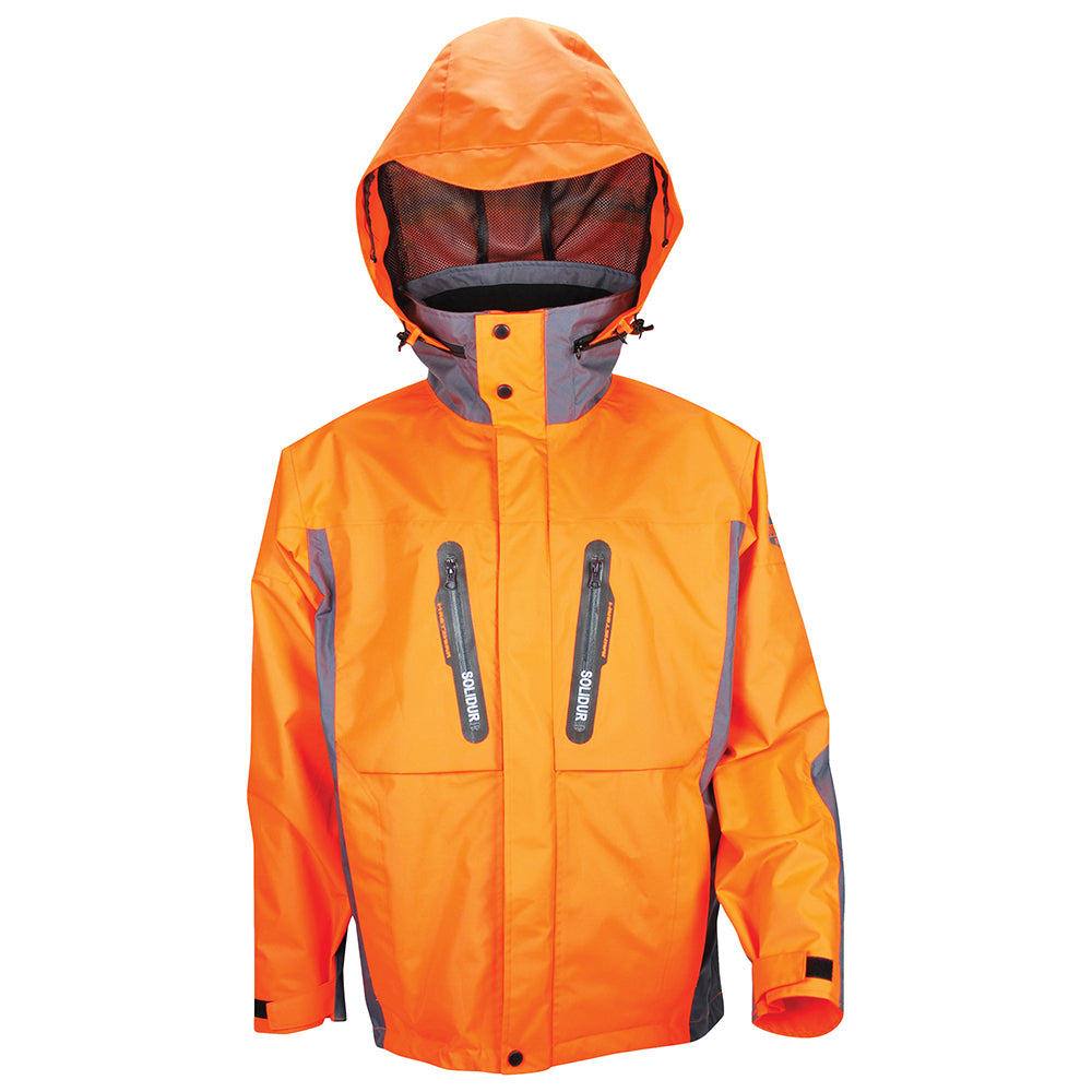 Open hood - solidur Waterproof, breathable orange work jacket rated EN 343 Class 3. Hood fits over a helmet, taped seams, 7 pockets. Mower City Albury.