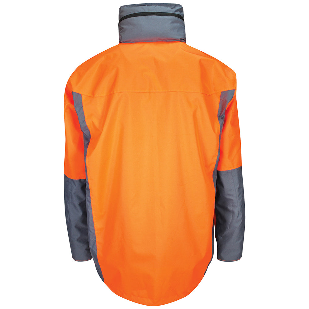 Back of Solidur waterproof, breathable orange work jacket rated EN 343 Class 3. Hood fits over a helmet, taped seams, 7 pockets. Mower City Albury.