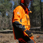 On worker outside Solidur Waterproof, breathable orange work jacket rated EN 343 Class 3. Hood fits over a helmet, taped seams, 7 pockets. Mower City Albury.