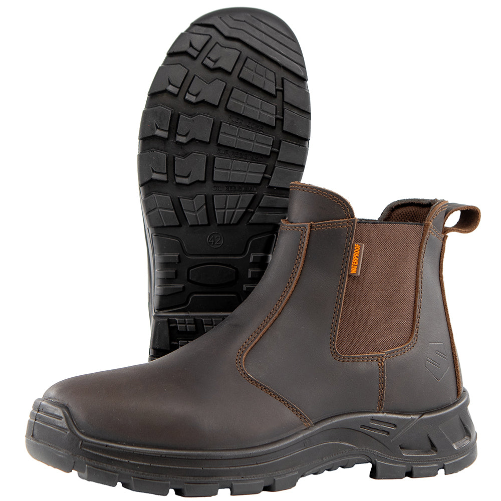 Solidur waterproof full-grain leather Chelsea work boots with elastic sides, oil-resistant, slip-resistant soles. For farm, yard and garden work. Available Australia wide