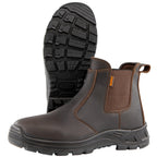Solidur waterproof full-grain leather Chelsea work boots with elastic sides, oil-resistant, slip-resistant soles. For farm, yard and garden work. Available Australia wide