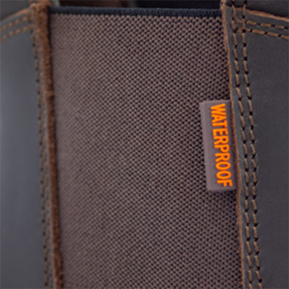 Solidur waterproof full-grain leather Chelsea work boots with elastic sides, oil-resistant, slip-resistant soles. For farm, yard and garden work. Available Australia wide (detail)