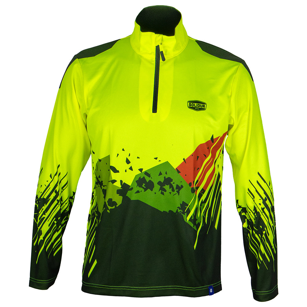 Solidur long sleeve Lightweight fluorescent work polo in yellow Quick drying, UPF 40+ sun protection. Mower City Albury.