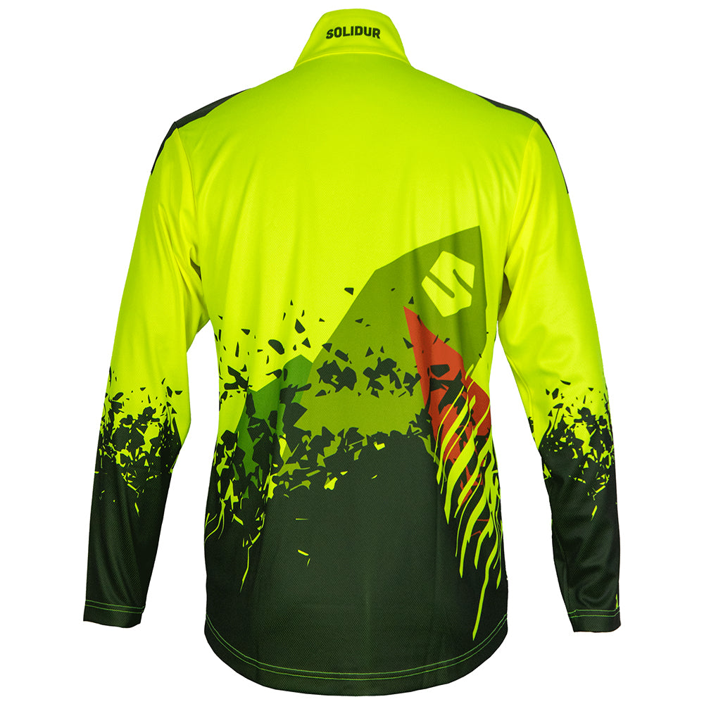 Back of Solidur long sleeve Lightweight fluorescent work polo in yellow Quick drying, UPF 40+ sun protection. Mower City Albury.