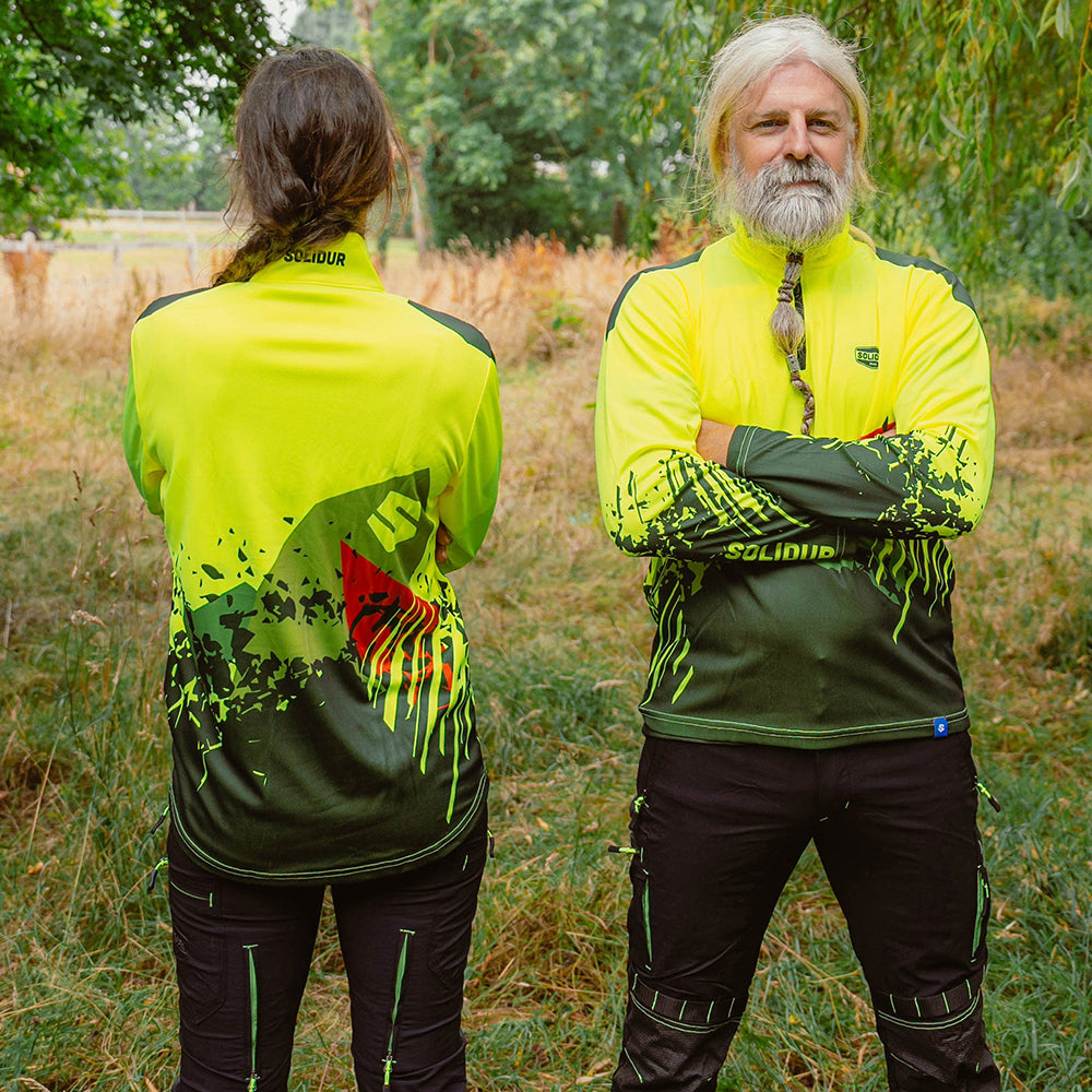 on model: Solidur long sleeve Lightweight fluorescent work polo in yellow Quick drying, UPF 40+ sun protection. Mower City Albury.
