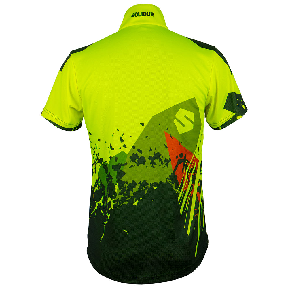 Solidur short sleeve Lightweight fluorescent work polo in yellow Quick drying, UPF 40+ sun protection. Mower City Albury. Back