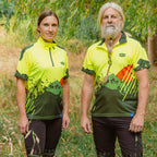 On model: Solidur short sleeve Lightweight fluorescent work polo in yellow Quick drying, UPF 40+ sun protection. Mower City Albury.
