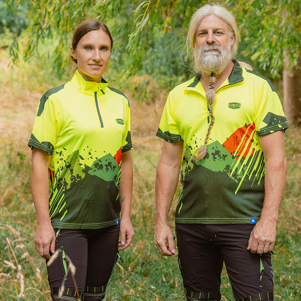 On model: Solidur short sleeve Lightweight fluorescent work polo in yellow Quick drying, UPF 40+ sun protection. Mower City Albury.