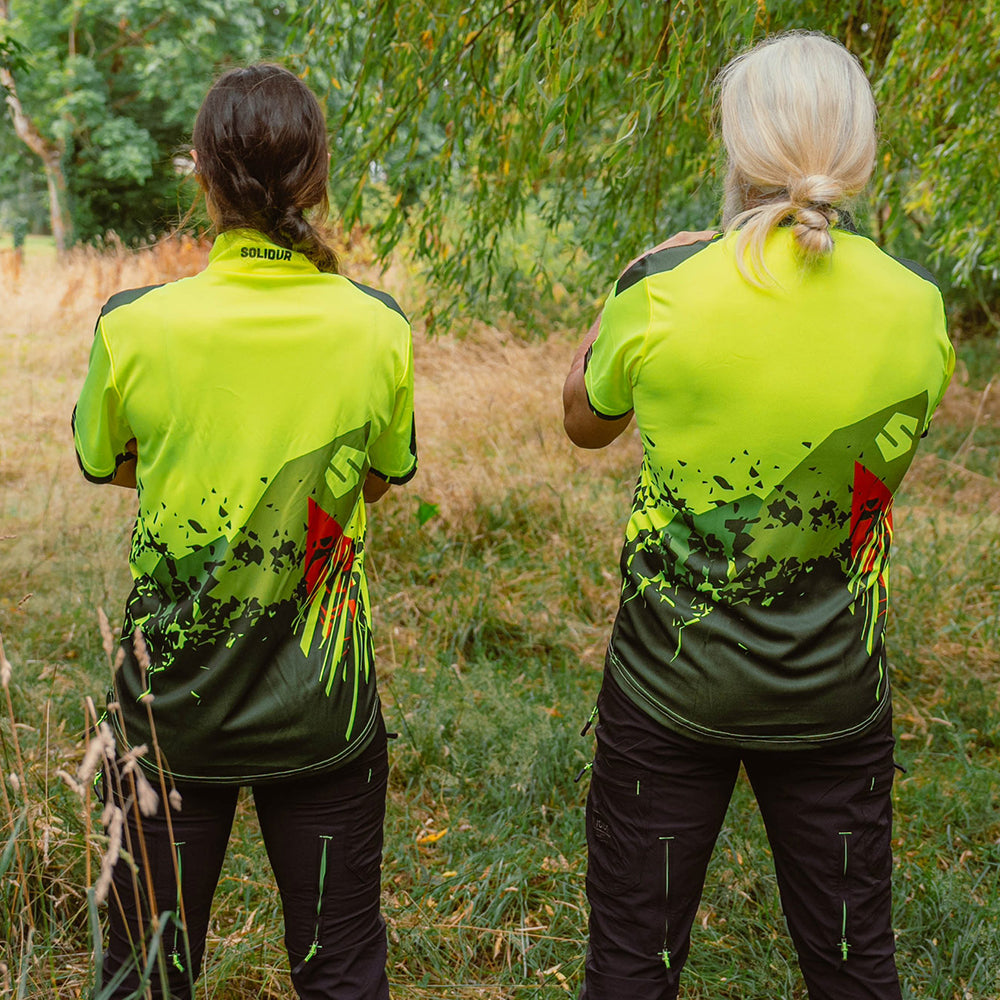 Back of on model: Solidur short sleeve Lightweight fluorescent work polo in yellow Quick drying, UPF 40+ sun protection. Mower City Albury.
