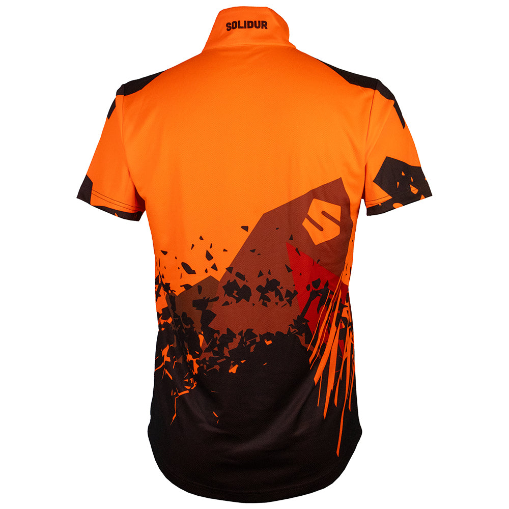 back of Solidur short sleeve Lightweight fluorescent work polo in orange Quick drying, UPF 40+ sun protection. Mower City Albury.
