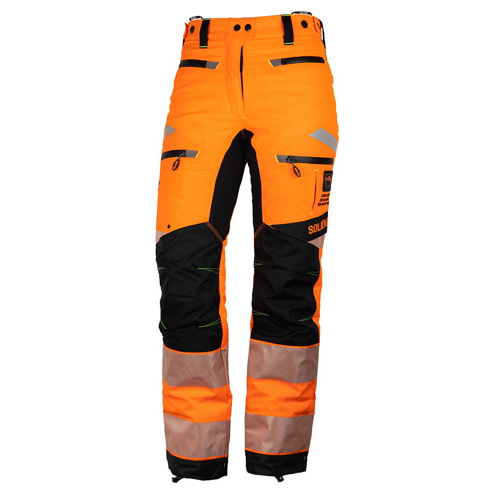 Angle view Solidur Premium hi-vis orange Class 1 Design A chainsaw trousers. 6-layer protection, 1.35 kg, slim fit, SRT-ready. Available at Mower City Albury.
