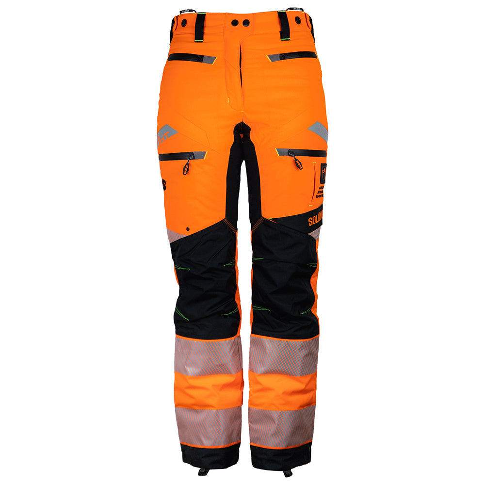 Solidur front view - Premium hi-vis orange Class 1 Design A chainsaw trousers. 6-layer protection, 1.35 kg, slim fit, SRT-ready. Available at Mower City Albury.