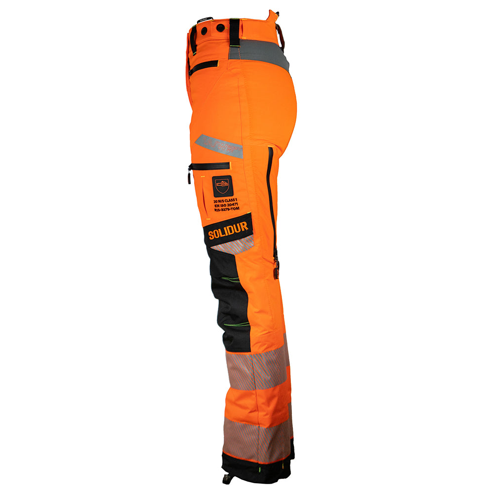 Side view of Solidur Premium hi-vis orange Class 1 Design A chainsaw trousers. 6-layer protection, 1.35 kg, slim fit, SRT-ready. Available at Mower City Albury.