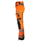 Side view of Solidur Premium hi-vis orange Class 1 Design A chainsaw trousers. 6-layer protection, 1.35 kg, slim fit, SRT-ready. Available at Mower City Albury.