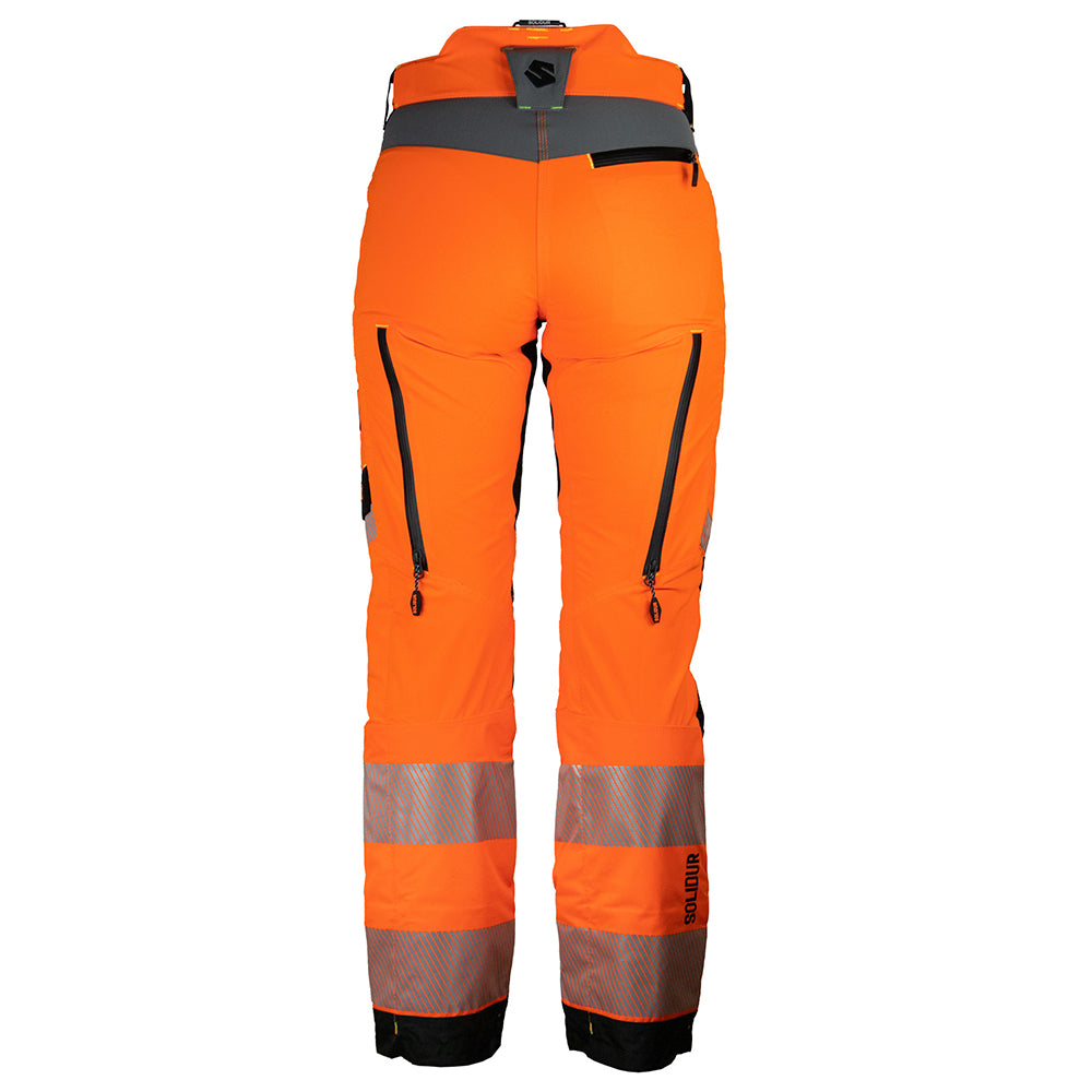 back view of Solidur Premium hi-vis orange Class 1 Design A chainsaw trousers. 6-layer protection, 1.35 kg, slim fit, SRT-ready. Available at Mower City Albury.