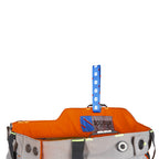 tag detail and SRT ready Solidur Premium hi-vis orange Class 1 Design A chainsaw trousers. 6-layer protection, 1.35 kg, slim fit, SRT-ready. Available at Mower City Albury.