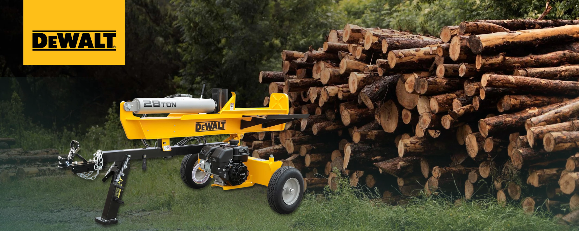 DEWALT 28 Ton hydraulic log splitter with Kohler 196cc engine, fast 13-second cycle and vertical or horizontal operation - in front of a stack of logs with a green background. Now available at Mower City Albury.