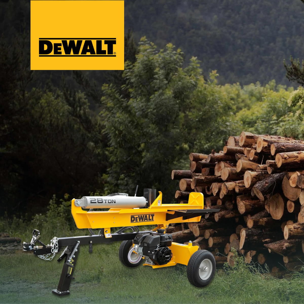 DEWALT 28 Ton hydraulic log splitter with Kohler 196cc engine, fast 13-second cycle and vertical or horizontal operation - in front of a stack of logs with trees in background. Now available at Mower City Albury.