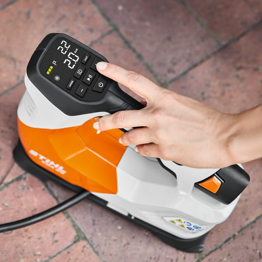 Portable STIHL KOA 20 Air Inflator with battery & charger. Inflate tyres, balls & gear with ease. In stock at Mower City Albury - Online and In-Store easy to use at home and on camping trips