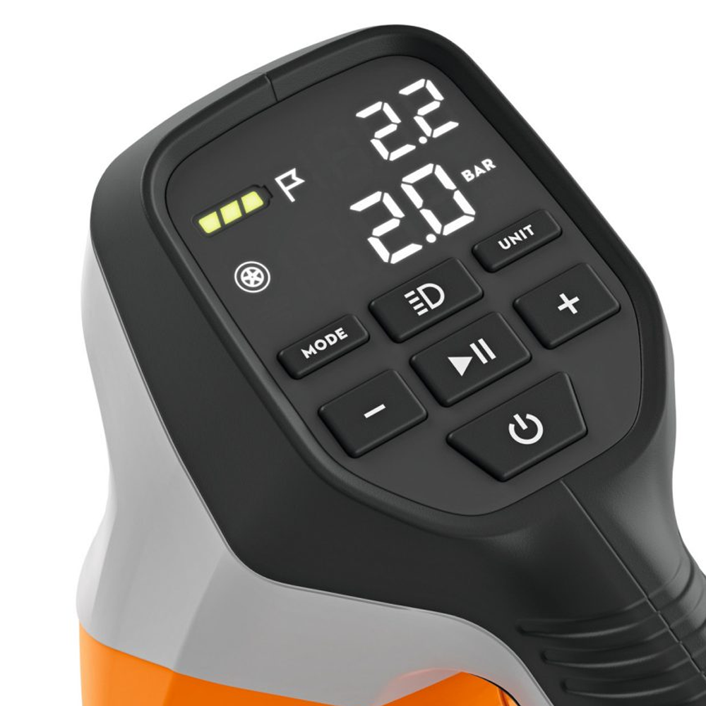 Portable STIHL KOA 20 Air Inflator with battery & charger. Inflate tyres, balls & gear with ease. In stock at Mower City Albury - Online and In-Store - electronic controls
