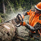 Person cutting a log with a STIHL 462 CM Petrol Chainssaw in forest setting - Mower City Albury 