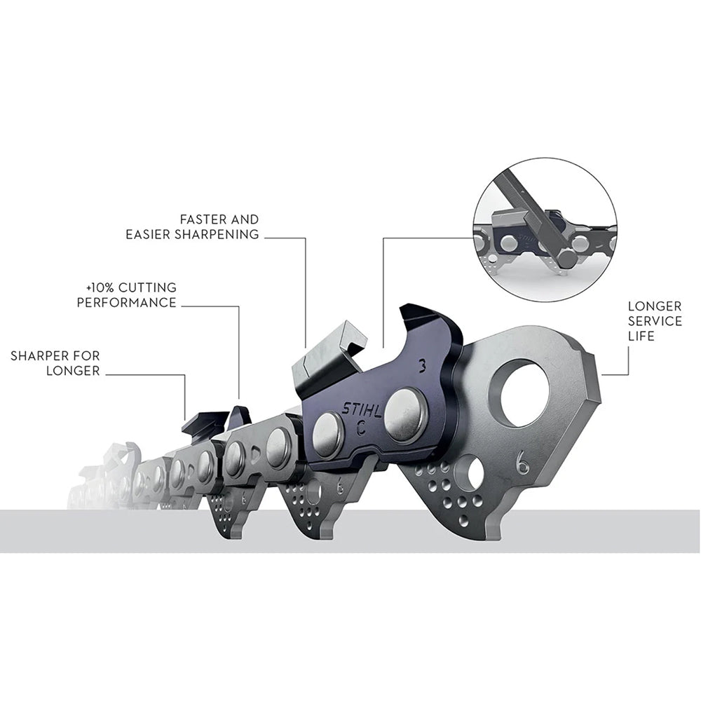 chain detail of STIHL MS 462 C-M professional petrol chainsaw with 72.2cc engine, 4.4kW power and 20” bar. Built for forestry, felling and delimbing. Available at Mower City Albury.