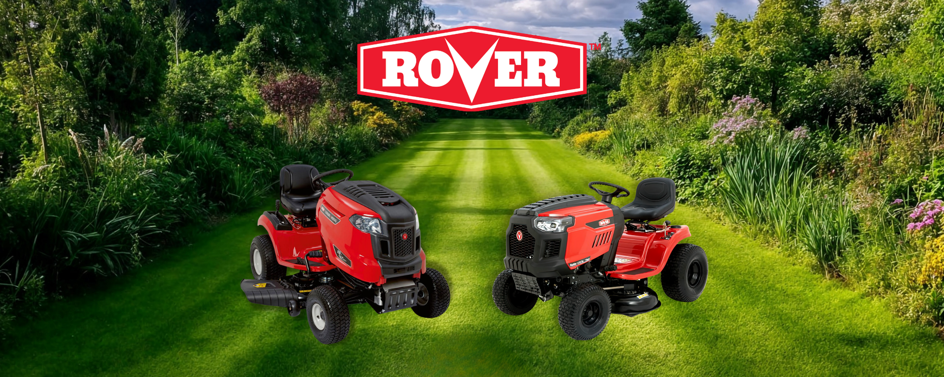 Two Rover ride-on lawnmowers on a grassy area with the Rover logo above.