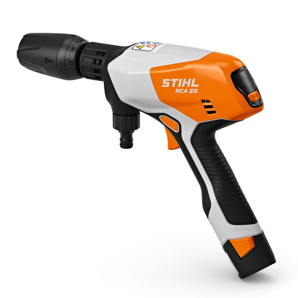 STIHL RCA 20 Battery Pressure Cleaner Kit with tank, nozzle, battery, and carry bag – available at Mower City Albury Wodonga online and in-store