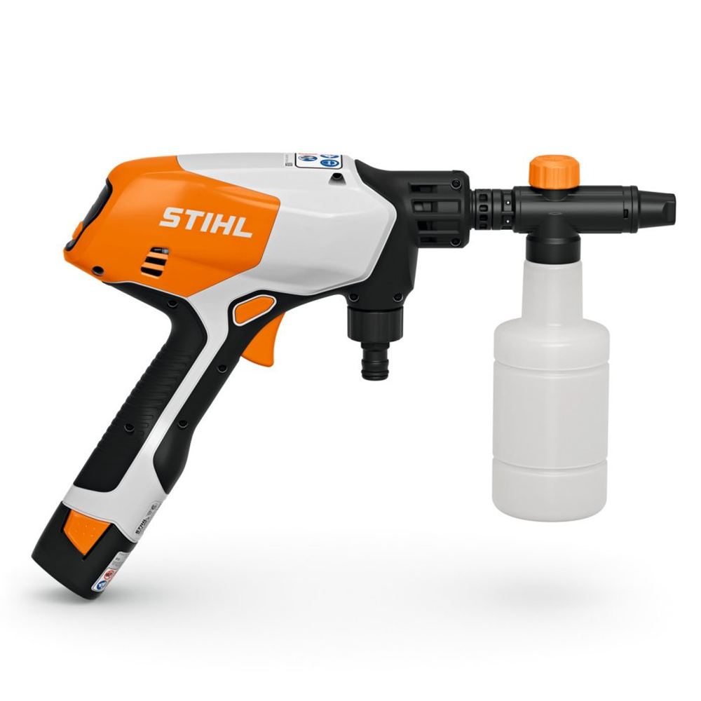 STIHL RCA 20 Battery Pressure Cleaner Kit with tank, nozzle, battery, and carry bag – available at Mower City Albury Wodonga online and in-store container soap
