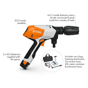 STIHL RCA 20 Battery Pressure Cleaner Kit with tank, nozzle, battery, and carry bag – available at Mower City Albury Wodonga online and in-store 20L container for no tap cleaning