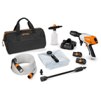 STIHL RCA 20 Battery Pressure Cleaner Kit with tank, nozzle, battery, and carry bag – available at Mower City Albury Wodonga online and in-store flatlay