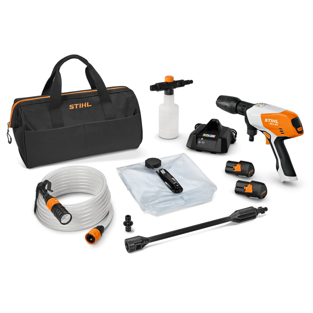 STIHL RCA 20 Battery Pressure Cleaner Kit with tank, nozzle, battery, and carry bag – available at Mower City Albury Wodonga online and in-store flatlay