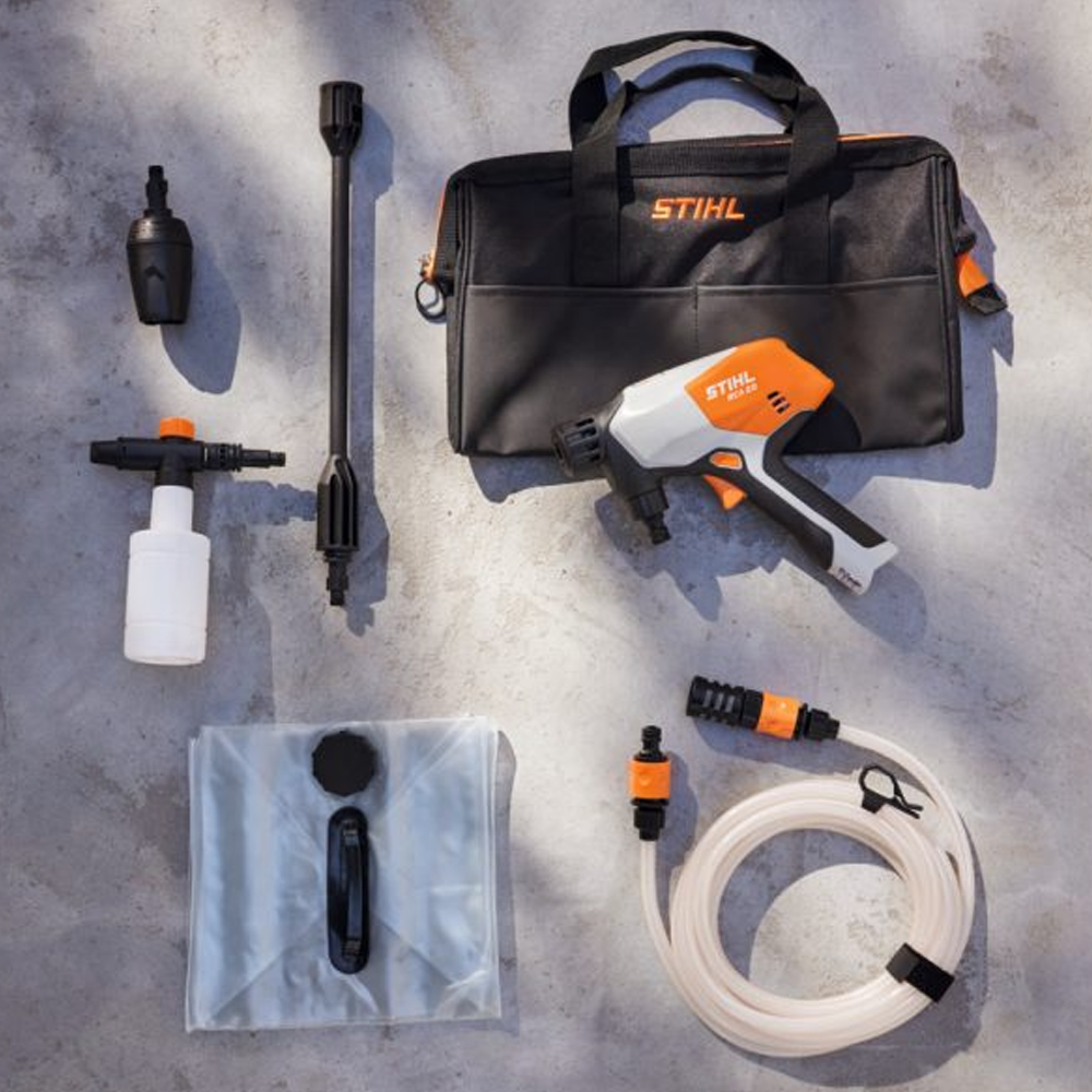 STIHL RCA 20 Battery Pressure Cleaner Kit with tank, nozzle, battery, and carry bag – available at Mower City Albury Wodonga online and in-store all in one system