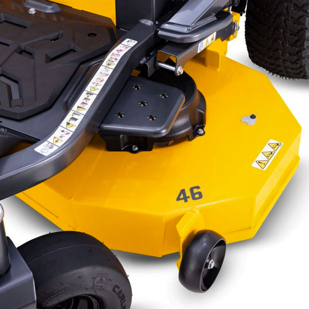Cub Cadet Ultima Z2 46 zero-turn mower. Close-up of a yellow lawn mower deck with black wheels, a black operator platform, and printed warning labels on a white background. Available at Mower City Albury. 