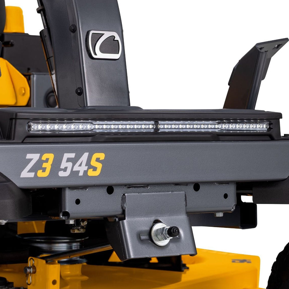 close up of the front of the Cub Cadet Ultima Z3 54 S zero-turn ride-on mower with a 24 HP Kawasaki engine, 54-inch fabricated deck and Syncro Steer. Talk to Mower City Albury. With LED lights 