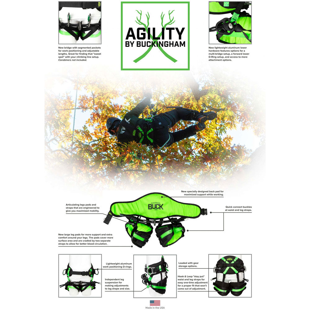 The Buckingham Agility Harness features proper fit, adjustment slippage, suspension systems mobility, lower hardware & attachment options during suspension. New back pad for max. support, new Leg Pad/Suspension & Segmented Rope Bridge/Suspension bridge systems. Lower rigging plate hardware design. Size S-M-L. 123