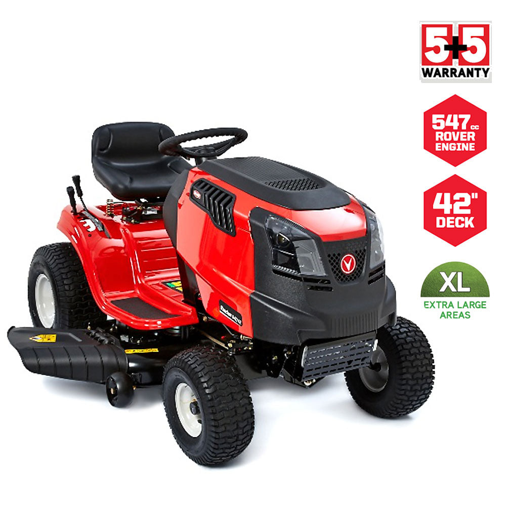 Rover Rancher 547/42. Strong full sized ride on lawn mower-medium acreage. Adjustable back seat, Auto transmission, cup holder, and simple controls, the Rancher 547/42 is a joy to use. A large 42" cutting deck, powerful 547cc Rover engine, tow hitch. Great visibility & safe to use. Rover 5 year domestic warranty.123