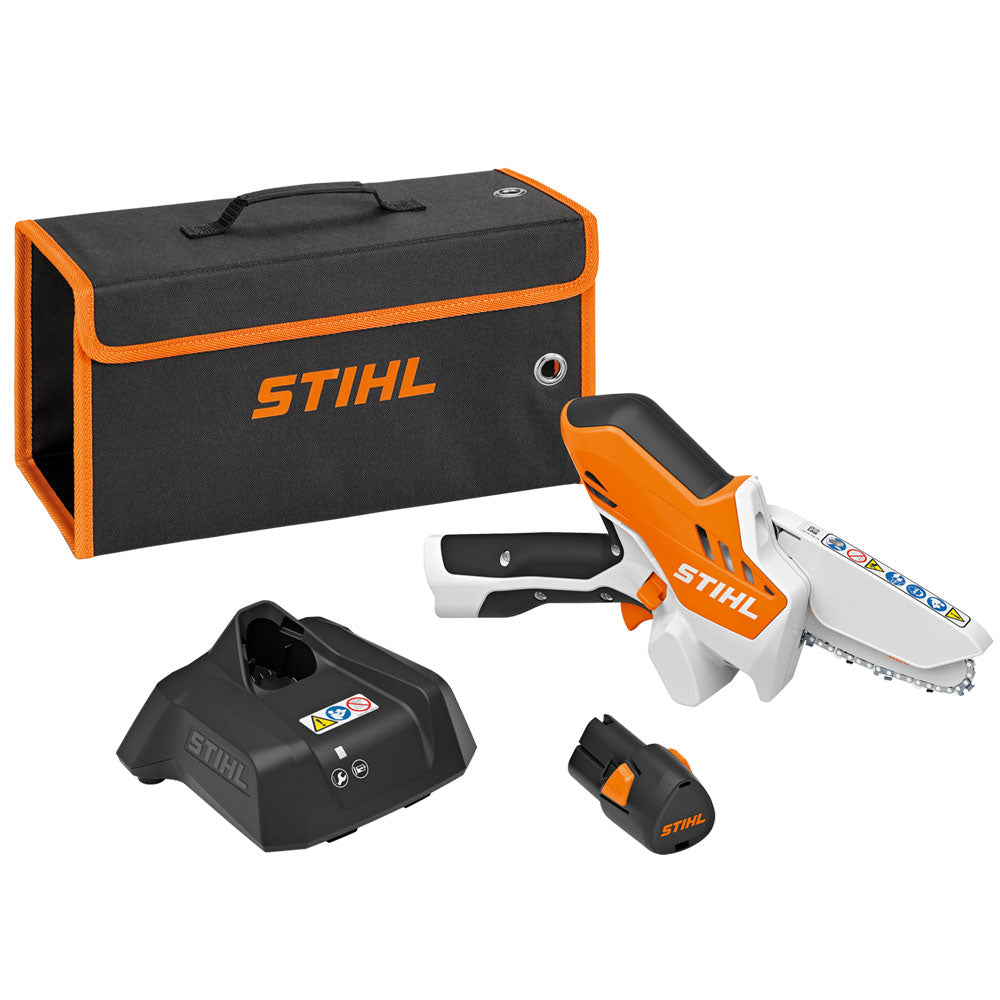 STIHL GTA26 Battery Powered Garden Pruner; Perfect for pruning trees & shrubs, garden waste,DIY. 10.8V, 28Wh AS 2 battery-up to 25 minutes runtime. STIHL Picco Micro 3 saw chain & 8 m/s high chain speed. Designed for two handed operation,non-slip control handle. Tool-free chain replacement. LED charge level indicator. 123