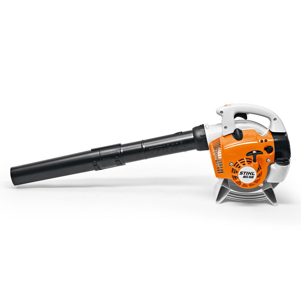 The STIHL Petrol Leaf Blower BG56 has an excellent power-to-weight ratio. It quickly clears leaves and grass cuttings from any surface. Features: Round nozzle, 2-MIX engine, Stop button.
