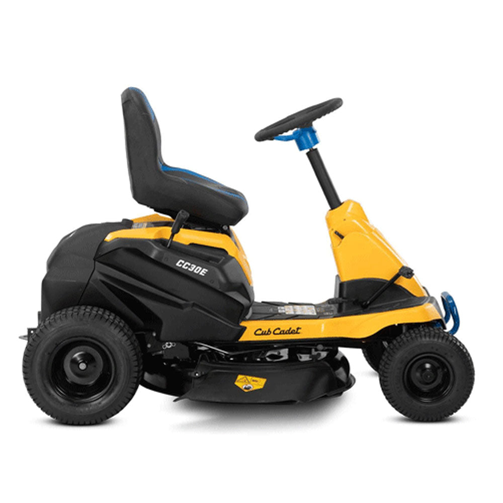 Up to 1 acre/1hr run time. 4hr recharge-standard outlet. Low maintenance/running costs. 30" deck-side discharge.16" turning radius. 56V Brushless Li-Ion 1500Wh 30Ah engine, Foot operated electric transmission, 5 cutting heights, PTO Electric Blade Engagement,Cruise Control, Zero Emission. Highback seat. 6 Year Warranty 123
