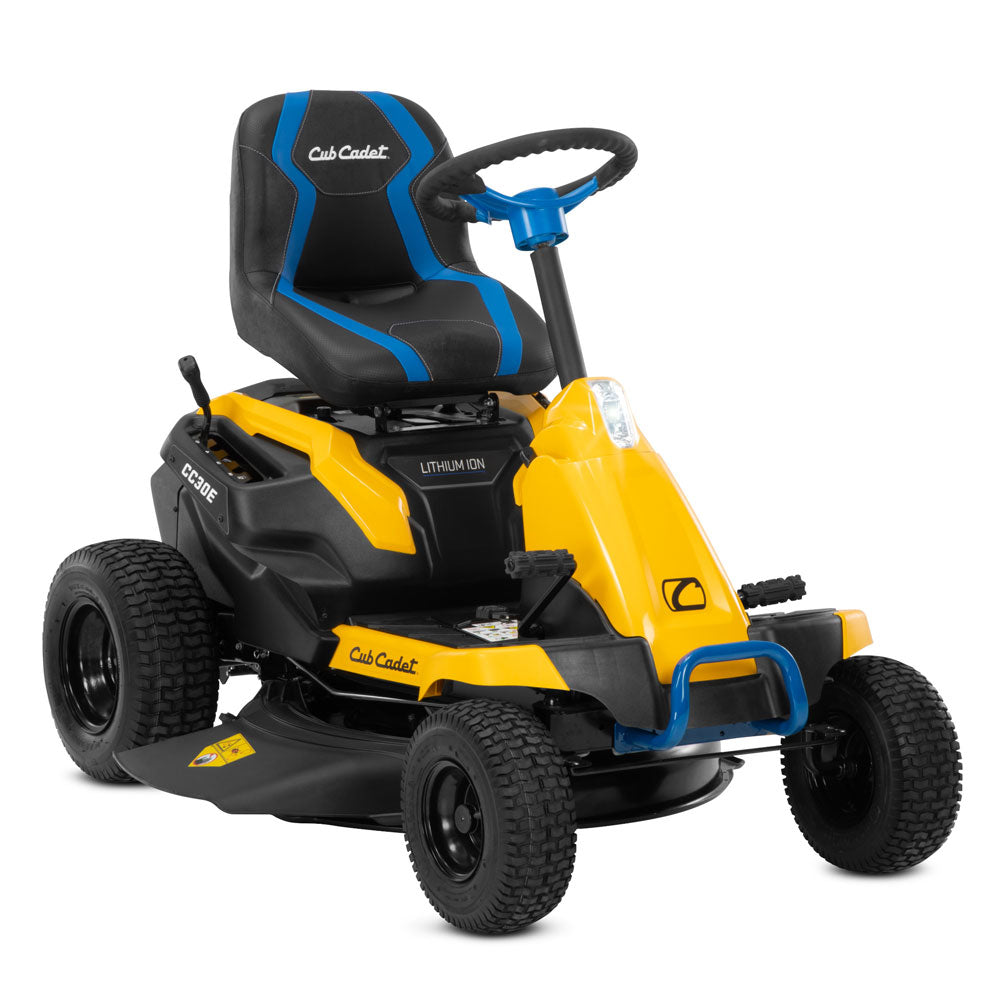 Up to 1 acre/1hr run time. 4hr recharge-standard outlet. Low maintenance/running costs. 30" deck-side discharge.16" turning radius. 56V Brushless Li-Ion 1500Wh 30Ah engine, Foot operated electric transmission, 5 cutting heights, PTO Electric Blade Engagement,Cruise Control, Zero Emission. Highback seat. 6 Year Warranty 123