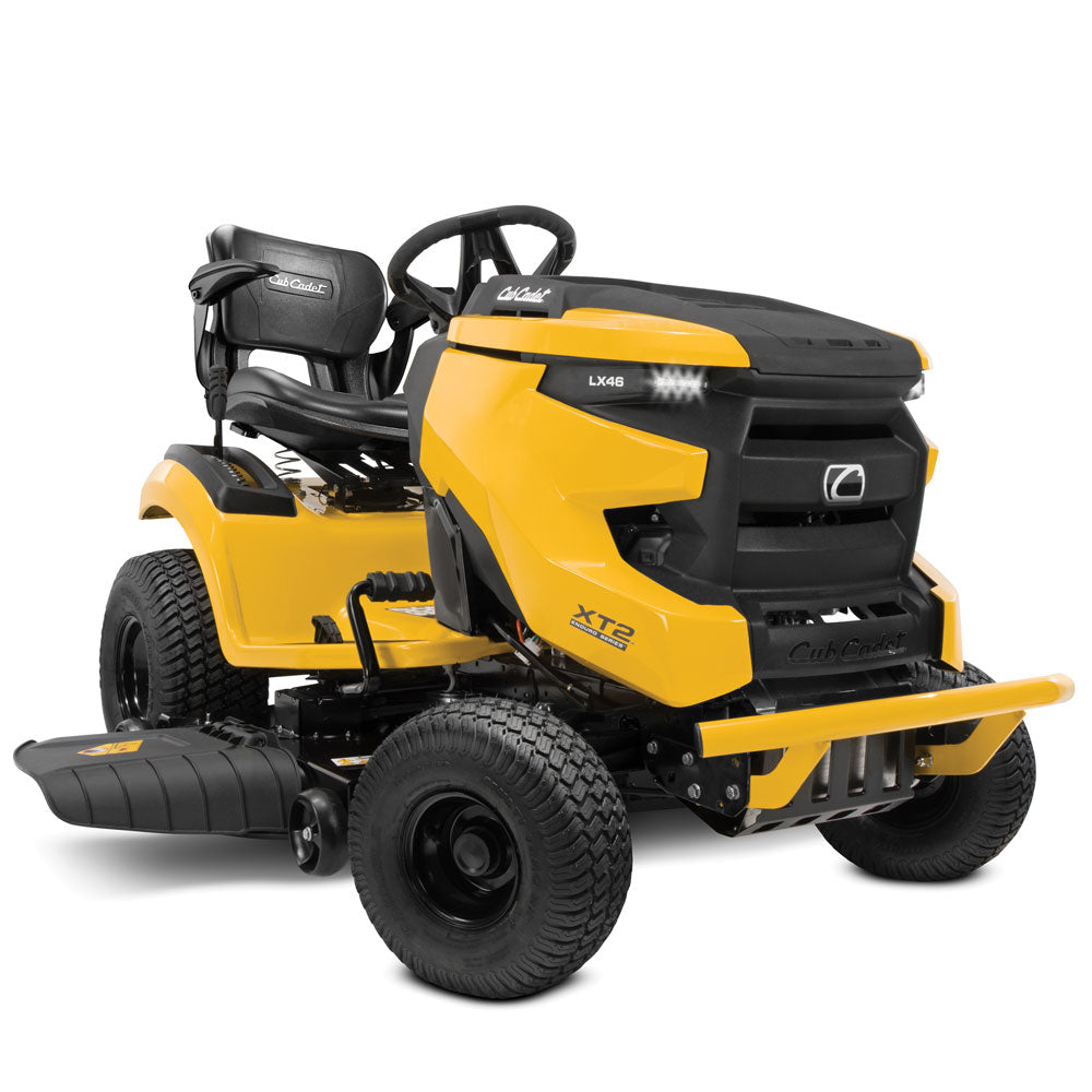 Cub Cadet ride on mower Enduro XT2 LX 46. Big on power-built for tough jobs. Big blocks to med. acreage. Highback seat, armrests, cup holder. Auto hydro transmission, cruise control. Easy blades engage & disengage, 46"deck. Anti-scalp wheels protects from uneven terrain. 679cc EFI engine,12 Cut heights. SmartJetª deck wash. 6 Year Warranty 123