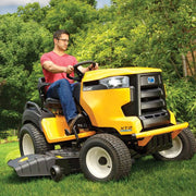 Premium ride on mower-Electronic Fuel Injection. Highback seat & cup holder, auto hydro transmission,cruise control. 25% better fuel economy, push-button start. Precise steering,16"turn radius. 679cc Cub Cadet V-Twin EFI Engine, Auto Diff Lock, 12 cutting heights, 42"deck, Hydrostatic Auto Transmission, 6 Year Warranty 123