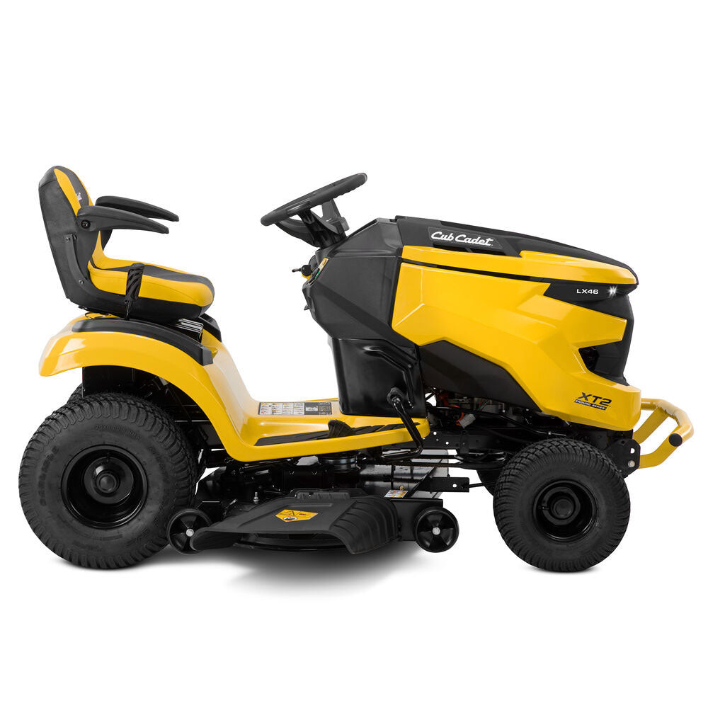 Cub Cadet ride on mower Enduro XT2 LX 46. Big on power-built for tough jobs. Big blocks to med. acreage. Highback seat, armrests, cup holder. Auto hydro transmission, cruise control. Easy blades engage & disengage, 46"deck. Anti-scalp wheels protects from uneven terrain. 679cc EFI engine,12 Cut heights. SmartJetª deck wash. 6 Year Warranty 123